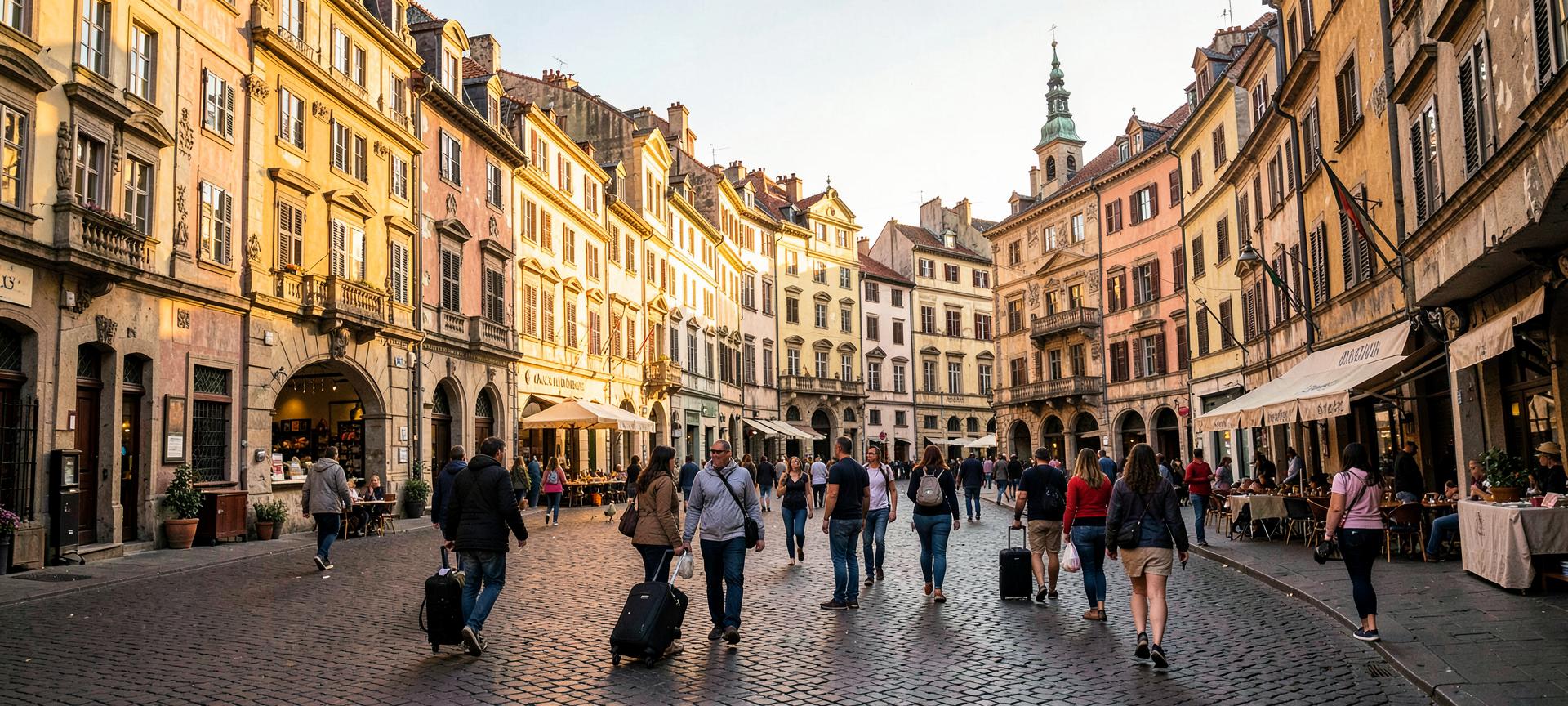 Viajeros con maletas caminando por una plaza histórica al atardecer